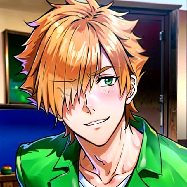 1guy, male, Robin Hood(Fate), ((solo)), (looking_at_viewer), shy, blush, smile,sit, from side,
short hair, orange hair, spiked hair, green_eyes, ((hair_over_one_eye)), suit,
upper_body, (indoors),
(perfect detailed face), ((clear face)), detailed eyes, ((clear details)), 
(highly detailed), masterpiece, ((best quality)),  illustrations,