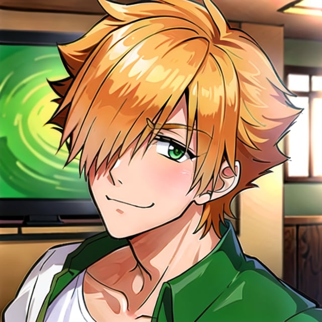 1guy, male, Robin Hood(Fate), ((solo)), (looking_at_viewer), shy, blush, smile, (standing), from side,
short hair, orange hair, spiked hair, green_eyes, ((hair_over_one_eye)), blouse,
upper_body, (indoors),
(perfect detailed face), ((clear face)), detailed eyes, ((clear details)), anime,
(highly detailed), masterpiece, ((best quality)),  illustrations,