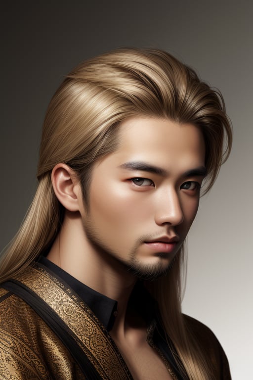 Long Hair, hazel blond eyes, small beard.,Asian Model,Portrait