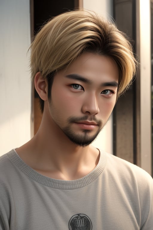 Short Hair, hazel blond eyes, small beard.,Asian Model,Portrait