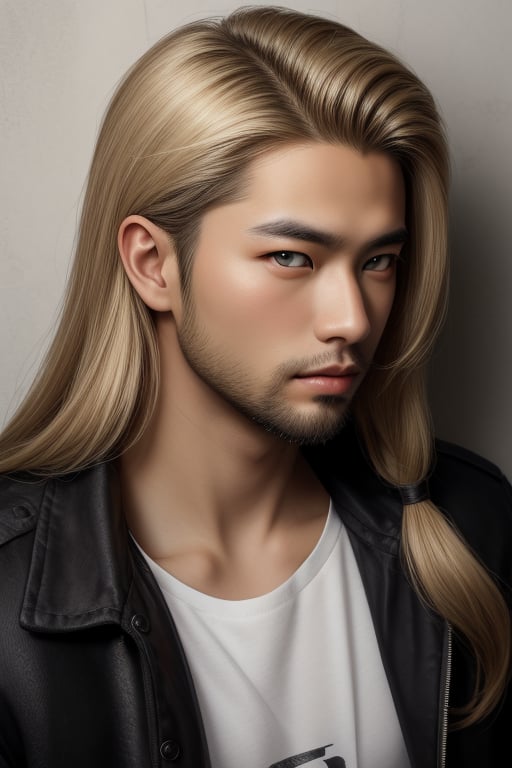 Long Hair, hazel blond eyes, small beard.,Asian Model,Portrait