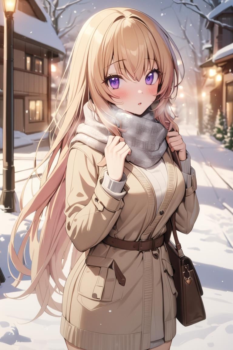 masterpiece, best quality, ultra detailed, cute,1girl, solo, female, ichinose honami, purple eyes , long hair, blonde hair, sweater, scarf, coat, woolen dress, snow, winter, outdoors,snow flakes, snowfall, , blush, cute, fog,,cowboy shot, looking at viewer, best quality, absurdres, best aesthetic <lora:Ichinose_Honami_XL:0.9>