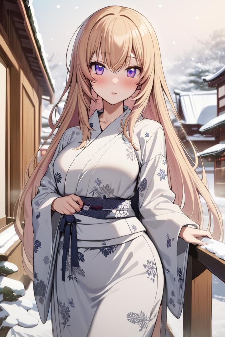 masterpiece, best quality, ultra detailed, cute,1girl, solo, female, ichinose honami, purple eyes , long hair, blonde hair, yukata,  japanese clothes, japanese background, snow, winter, outdoors,snow flakes, snowfall, , blush, cute, fog,,cowboy shot, looking at viewer, best quality, absurdres, best aesthetic <lora:Ichinose_Honami_XL:0.9>