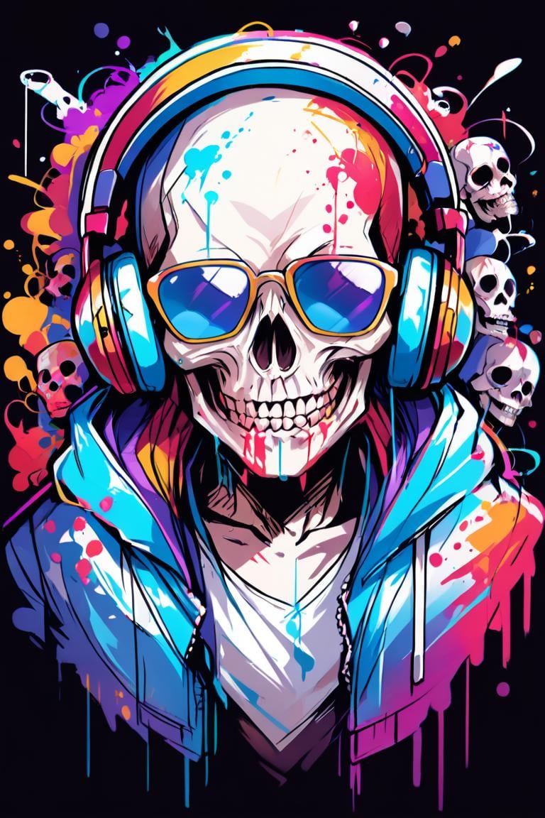 1boy,  headphones,  male focus,  skull,  jacket,  sunglasses,  blood,  looking at viewer,  teeth,  hood,  black background,  shirt,  splatter,  skeleton,<lora:EMS-295326-EMS:1.000000>