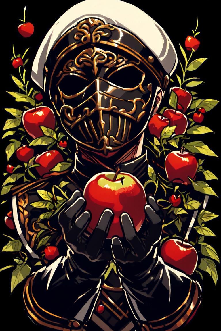 solo,  open mouth,  simple background,  gloves,  1boy,  hat,  holding,  upper body,  male focus,  food,  black gloves,  mask,  fruit,  holding food,  plant,  black background,  apple,  holding fruit,<lora:EMS-295326-EMS:1.000000>