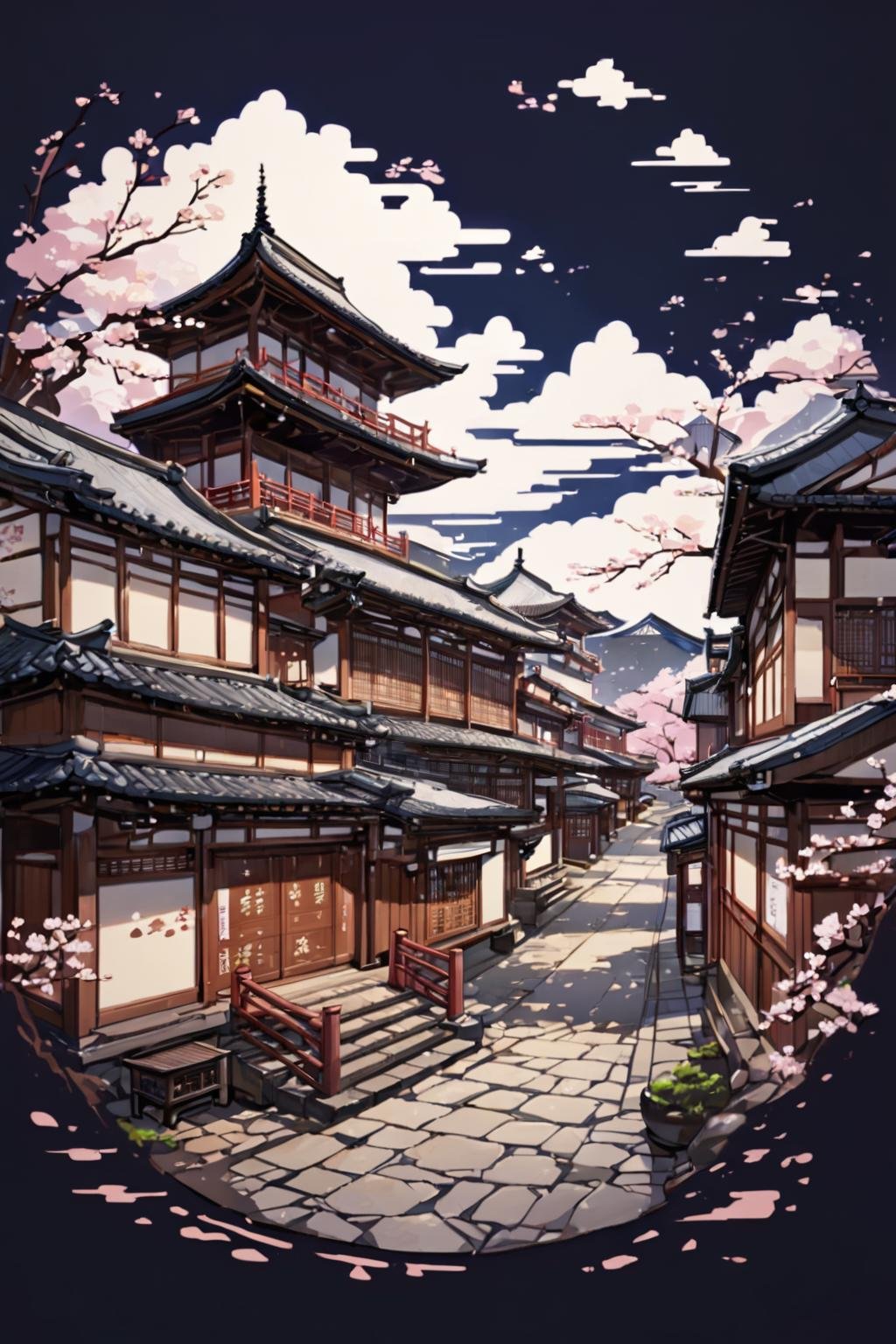 simple background,  cloud,  tree,  no humans,  black background,  cherry blossoms,  building,  scenery,  stairs,  architecture,  east asian architecture,<lora:EMS-295326-EMS:1.000000>