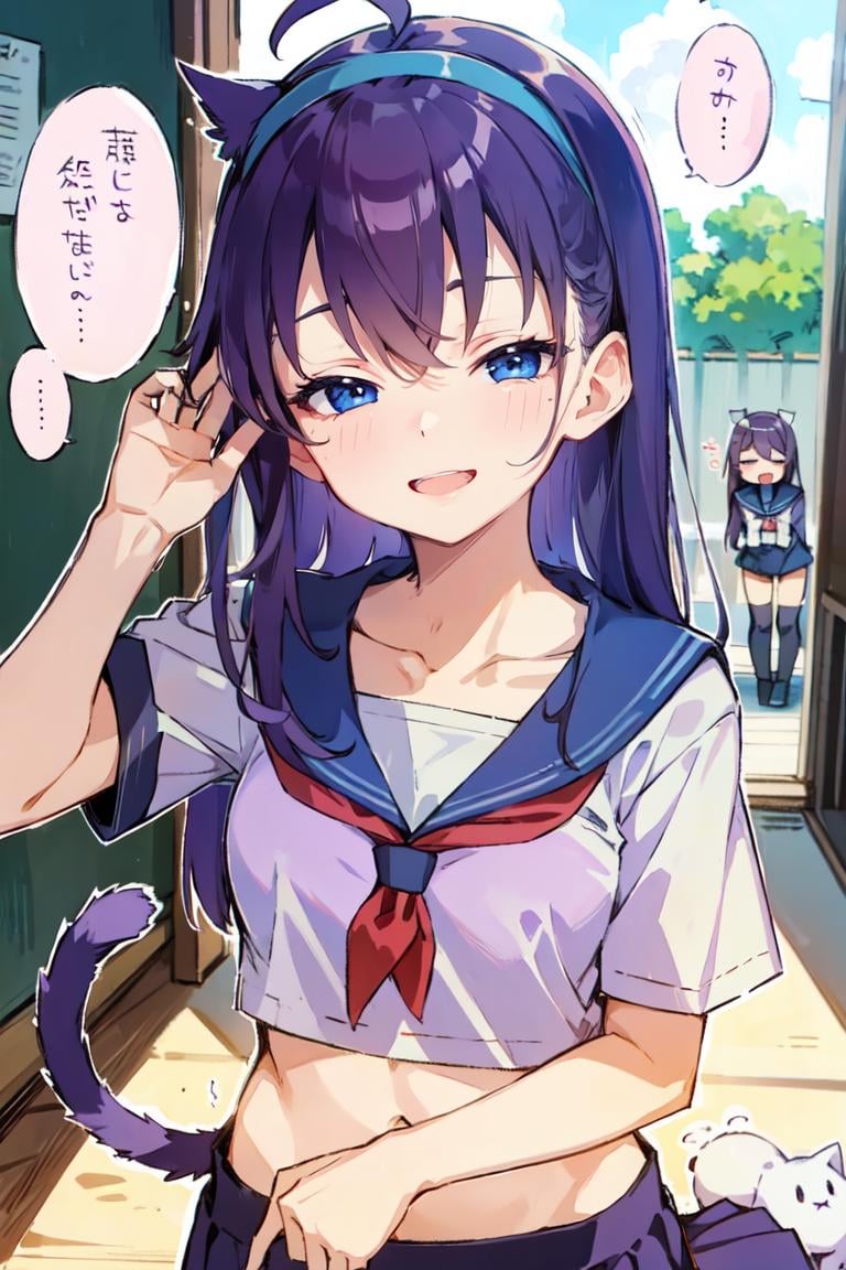 AGGA_ST021,  purple bra,  4koma,  comic,  multiple girls,  blue hair,  blush,  2girls,  underwear,  closed eyes,  open mouth,  green eyes,  cat,  short sleeves,  smile,  flying sweatdrops,  school uniform,  bra removed,  long hair,  serafuku,  white sailor collar,  bangs,  bell,  ^^^,  speech bubble,  collarbone,  purple shirt,  sweatdrop,  :d,  purple panties,  white shirt,  ^ ^,  animal,  ahoge,  purple hairband,<lora:EMS-298799-EMS:0.800000>