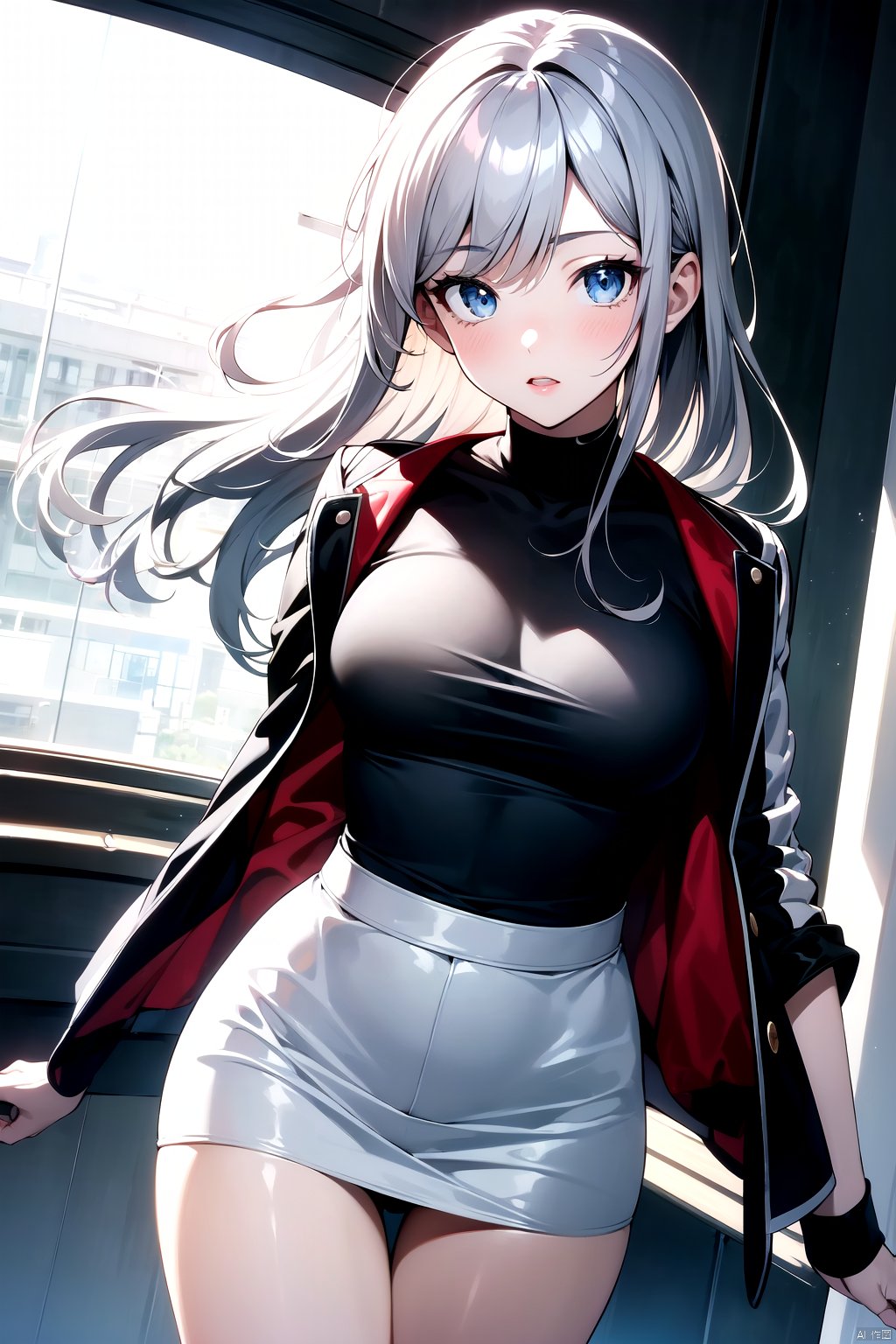  1 Girl, Professional, AllUre, LighT and Shadow, (AllUre; 1.8), Official ArT, 8k Wallpaper, SUper DeTail, BeaUTy and AesTheTics, Fine, BesT qUaliTy, very deTailed, dynamic angle, paper, radiUs, lighT, cowboy lens, romanTic, aTmospheric, rich deTail, deTailed backgroUnd, Sleek hair, perfecT face, delicaTe feaTUres, high deTail, fisheye lens, dynamic angle, solo, bangs, long hair, ToUsled hair, Gray hair, Trimmed hair, beaUTifUl eyes, mediUm breasTs, Thigh gap, lighT rims, looking aT _ viewer, lighTing gUrU, WhiTe silk, skirT, U-neck T-shirT, jackeT, sling bag