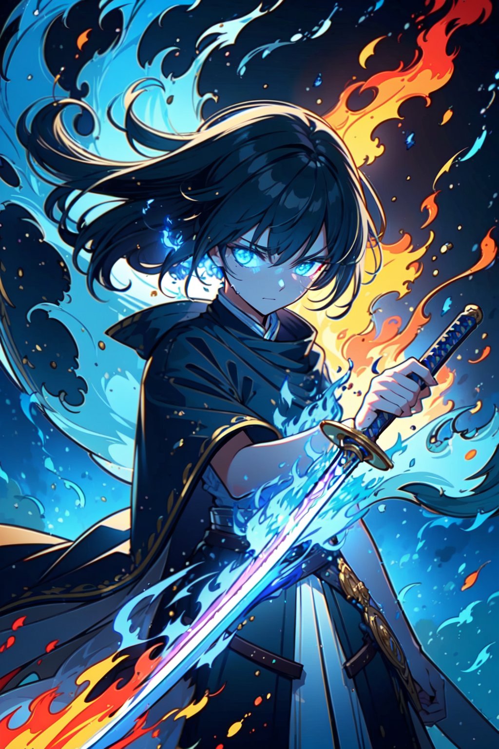 ((solo, one woman )), sword, colors, battle, fire clothes, lights, blue flames,<lora:EMS-301917-EMS:0.600000>