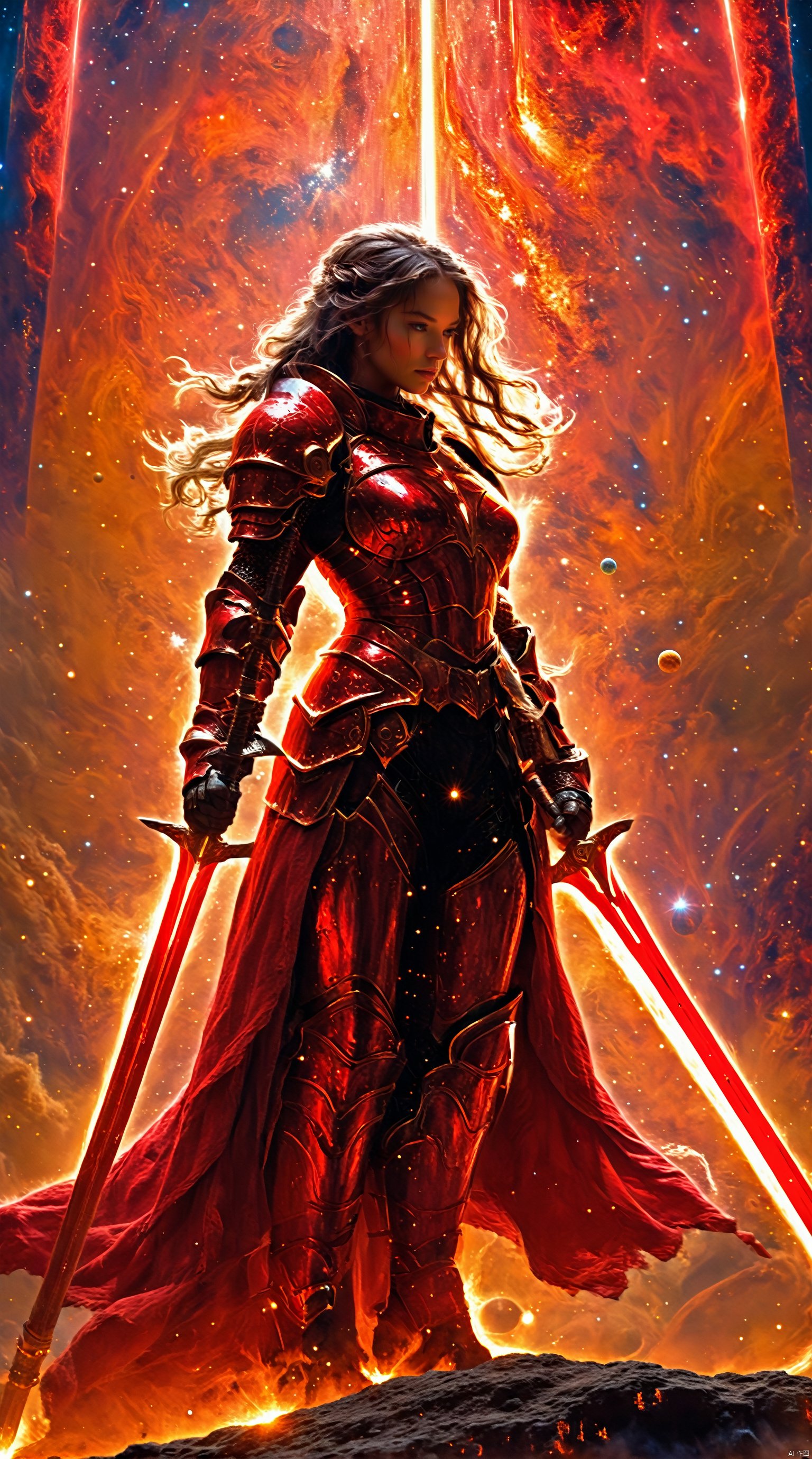  A female warrior in red armor, she stands alone among the stars, forming a magnificent picture with the planets and stars around her. Her armor was as red as fire, as if it could burn the universe, and the red dual swords  in her hand shone with a cold light, as if it could Pierce all obstacles. The female warrior's hair, red as fire, fluttered across the void of the universe, in stark contrast to her armor.
1 girl,full body,masterpiece,
render,technology, (best quality) (masterpiece), (highly detailed), 4K,Official art, unit 8 k wallpaper, ultra detailed, masterpiece, best quality, extremely detailed, dynamic angle,atmospheric,highdetail,exquisitefacialfeatures,futuristic,sciencefiction,CG, (wielding dual swords:1.2)