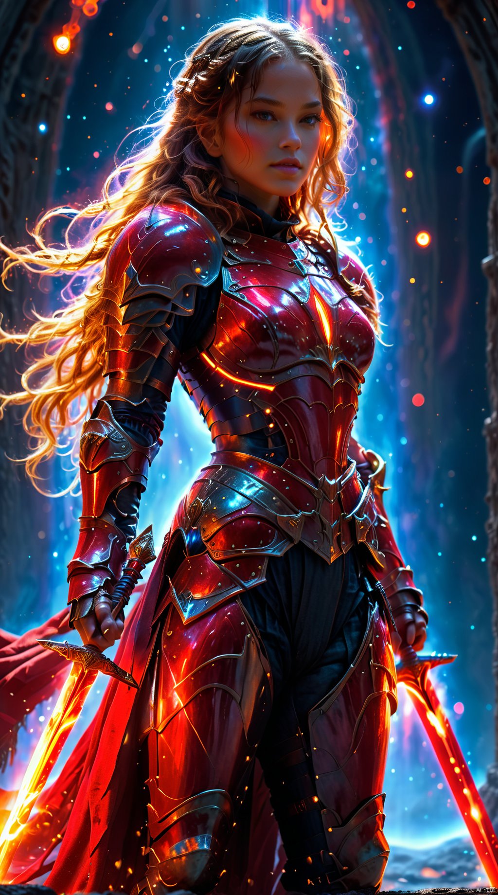  A female warrior in red armor, she stands alone among the stars, forming a magnificent picture with the planets and stars around her. Her armor was as red as fire, as if it could burn the universe, and the red dual swords  in her hand shone with a cold light, as if it could Pierce all obstacles. The female warrior's hair, red as fire, fluttered across the void of the universe, in stark contrast to her armor.
1 girl,full body,masterpiece,
render,technology, (best quality) (masterpiece), (highly detailed), 4K,Official art, unit 8 k wallpaper, ultra detailed, masterpiece, best quality, extremely detailed, dynamic angle,atmospheric,highdetail,exquisitefacialfeatures,futuristic,sciencefiction,CG, (wielding dual swords:1.2)