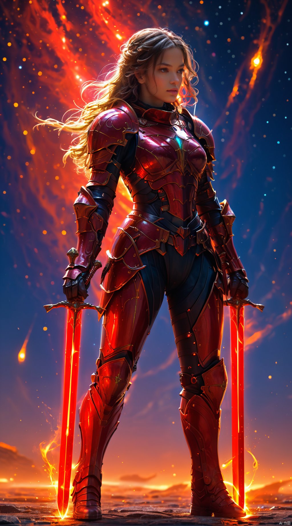  A female warrior in red armor, she stands alone among the stars, forming a magnificent picture with the planets and stars around her. Her armor was as red as fire, as if it could burn the universe, and the red dual swords  in her hand shone with a cold light, as if it could Pierce all obstacles. The female warrior's hair, red as fire, fluttered across the void of the universe, in stark contrast to her armor.
1 girl,full body,masterpiece,
render,technology, (best quality) (masterpiece), (highly detailed), 4K,Official art, unit 8 k wallpaper, ultra detailed, masterpiece, best quality, extremely detailed, dynamic angle,atmospheric,highdetail,exquisitefacialfeatures,futuristic,sciencefiction,CG, (wielding dual swords:1.2)