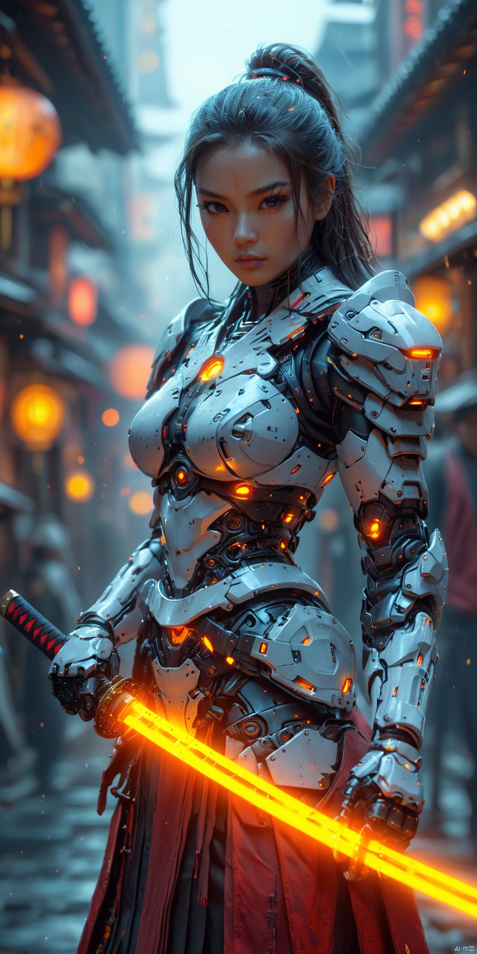  a realistic action shot of a female fantasy game cyborg wielding a glowing futuristic katana, futuristic labb in background, HD, masterpiece, best quality, hyper detailed, ultra detailed, , (wielding katana:1.2)