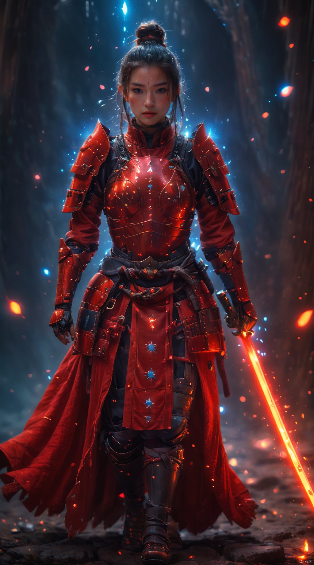 Full body,  A female warrior in red armor, she stands alone among the stars, forming a magnificent picture with the planets and stars around her. Her armor was as red as fire, as if it could burn the universe, and the red katana in her hand shone with a cold light, as if it could Pierce all obstacles. The female warrior's hair, red as fire, fluttered across the void of the universe, in stark contrast to her armor.
1 girl,full body,masterpiece,
render,technology, (best quality) (masterpiece), (highly detailed), 4K,Official art, unit 8 k wallpaper, ultra detailed, masterpiece, best quality, extremely detailed, dynamic angle,atmospheric,highdetail,exquisitefacialfeatures,futuristic,sciencefiction,CG, (wielding katana:1.2), MAJICMIX STYLE