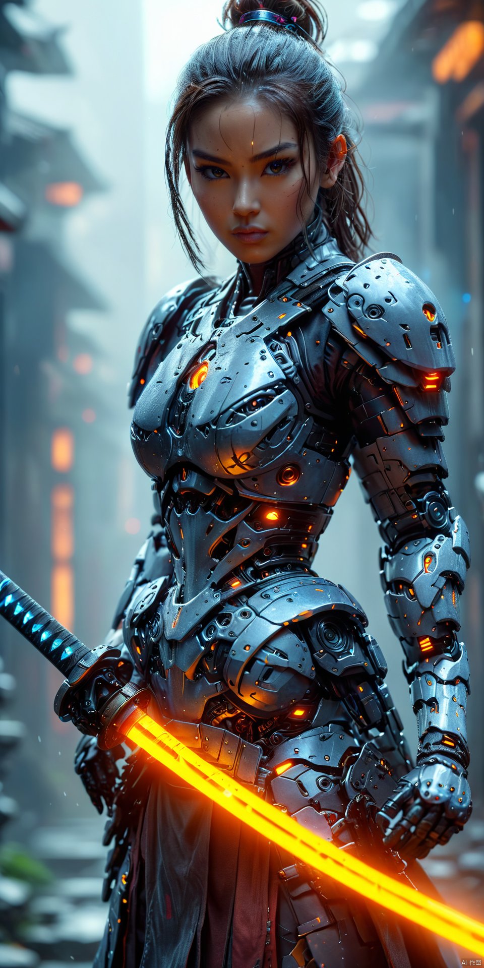  a realistic action shot of a female fantasy game cyborg wielding a glowing futuristic katana, futuristic labb in background, HD, masterpiece, best quality, hyper detailed, ultra detailed, , (wielding katana:1.2)