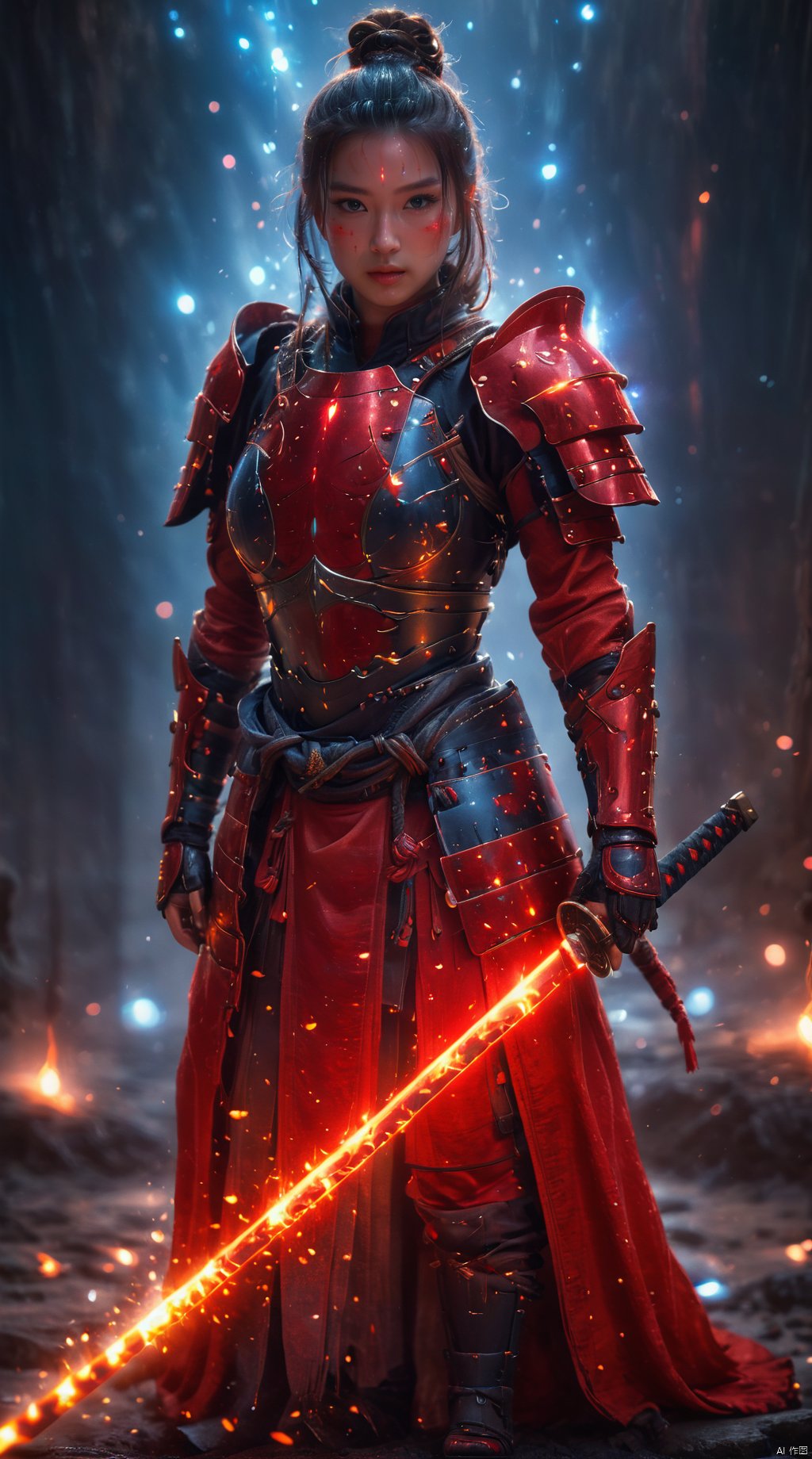 Full body,  A female warrior in red armor, she stands alone among the stars, forming a magnificent picture with the planets and stars around her. Her armor was as red as fire, as if it could burn the universe, and the red katana in her hand shone with a cold light, as if it could Pierce all obstacles. The female warrior's hair, red as fire, fluttered across the void of the universe, in stark contrast to her armor.
1 girl,full body,masterpiece,
render,technology, (best quality) (masterpiece), (highly detailed), 4K,Official art, unit 8 k wallpaper, ultra detailed, masterpiece, best quality, extremely detailed, dynamic angle,atmospheric,highdetail,exquisitefacialfeatures,futuristic,sciencefiction,CG, (wielding katana:1.2), MAJICMIX STYLE