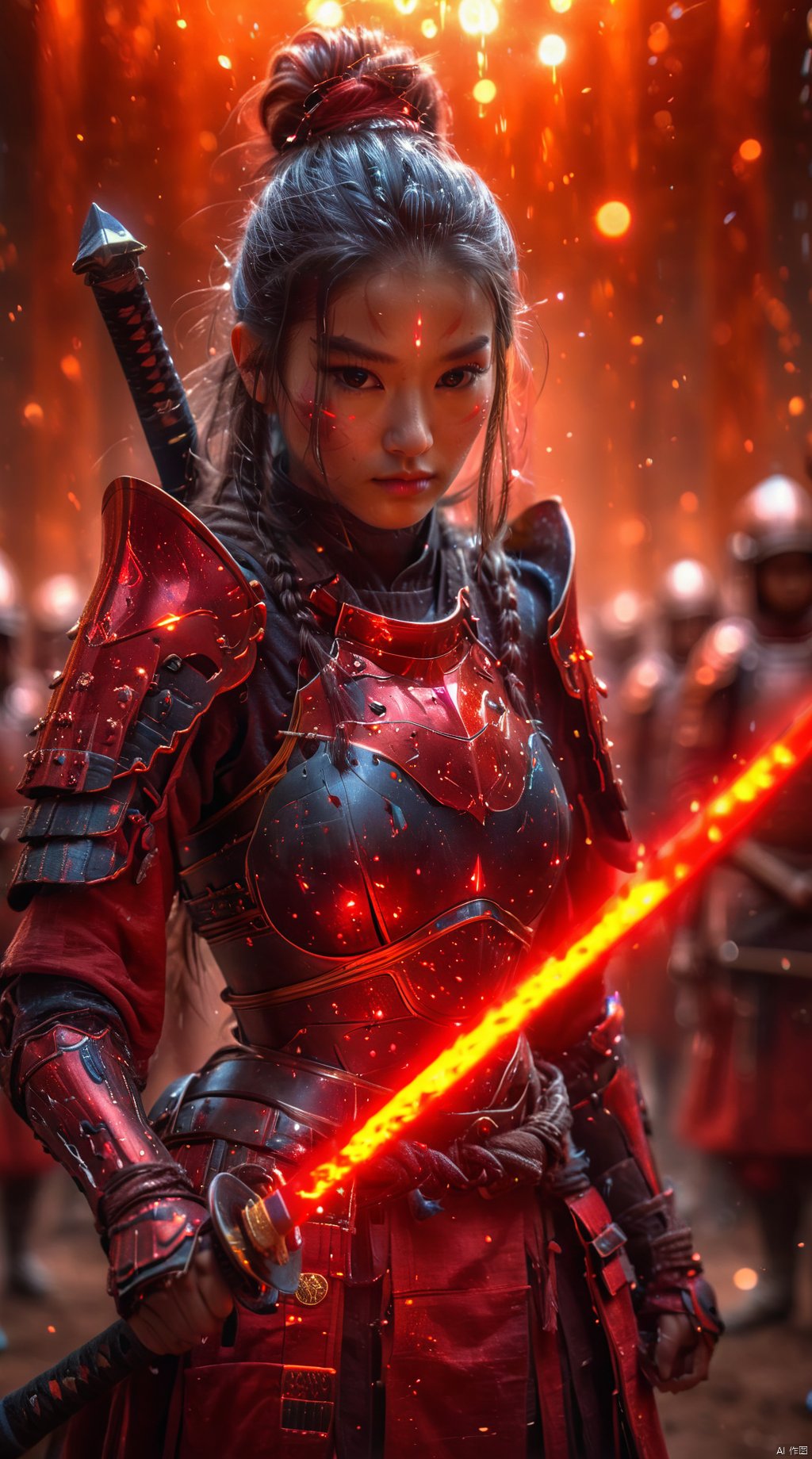  A female warrior in red armor, she stands alone among the stars, forming a magnificent picture with the planets and stars around her. Her armor was as red as fire, as if it could burn the universe, and the red katana in her hand shone with a cold light, as if it could Pierce all obstacles. The female warrior's hair, red as fire, fluttered across the void of the universe, in stark contrast to her armor.
1 girl,full body,masterpiece,
render,technology, (best quality) (masterpiece), (highly detailed), 4K,Official art, unit 8 k wallpaper, ultra detailed, masterpiece, best quality, extremely detailed, dynamic angle,atmospheric,highdetail,exquisitefacialfeatures,futuristic,sciencefiction,CG, (wielding katana:1.2)