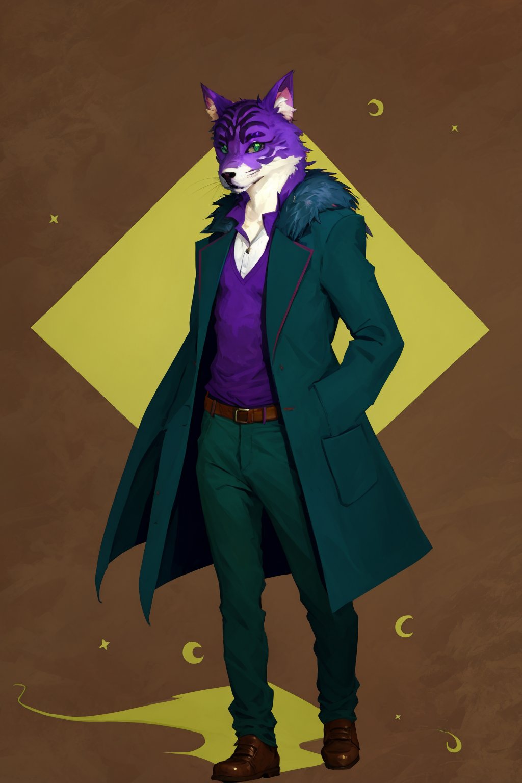 Dominik_Mayer_style_lora_by_niolas,  masterpiece,  best quality,  (purple fluffy fur:1.2),  (fur stripes),  solo,  Cheshire cat furry,  1boy,  solo,  furry male,  traditional media,  male focus,  jacket,  drawing,  green eyes,  looking at viewer,  pants,  green jacket,  long cat nose,  from front,  (fully violet muzzle:1.1),  white dress shirt,  slim body,<lora:EMS-301985-EMS:0.600000>