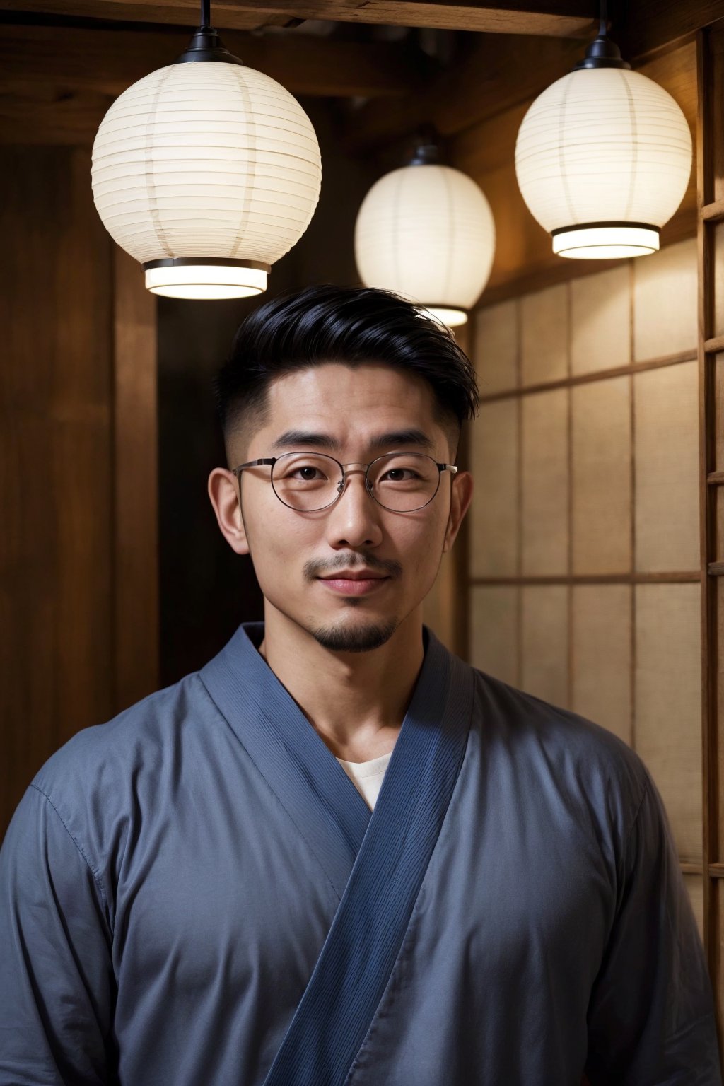 Asian man, handsome,round glasses, stubble, upper_body, traditional Japanese clothing, lamp,lantern ,Muscle ,portrait