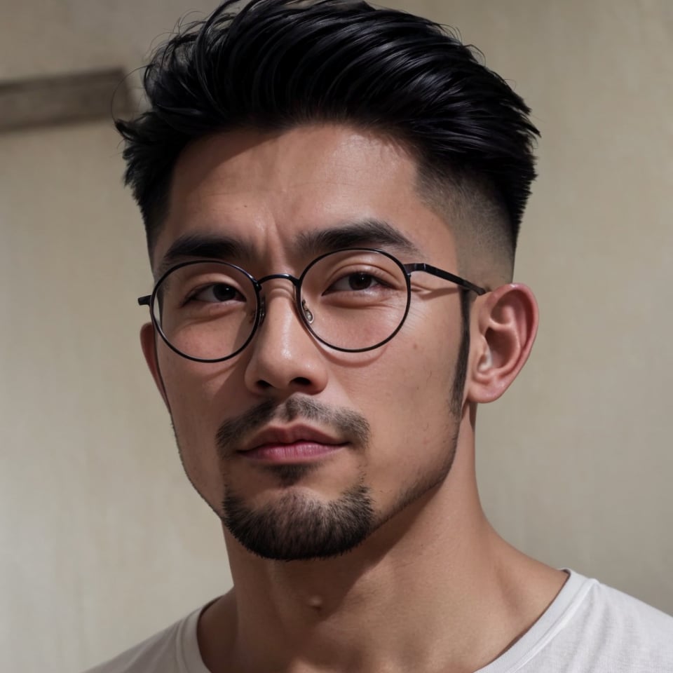 Asian man, handsome,round glasses, stubble ,portrait,Muscle