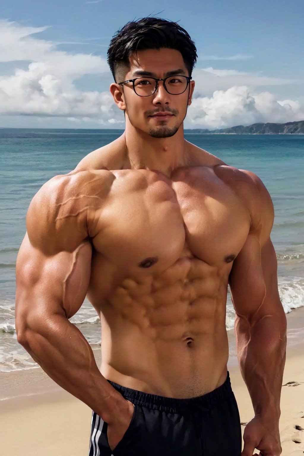 Asian man, handsome , glasses ,stubble, beach , summer , muscle, photorealistic , upper_body,Muscle