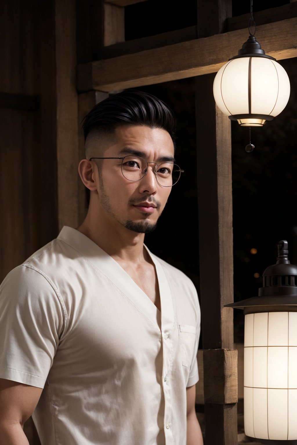 Asian man, handsome,round glasses, stubble, upper_body, traditional Japanese clothing, Japanese temple, wafuku, anime, night , lamp,lantern ,Muscle