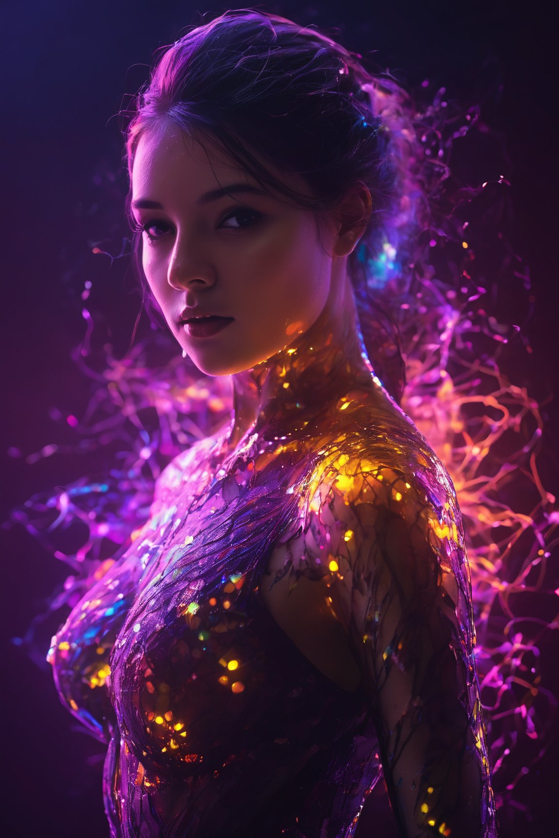 silhouette of a woman, phantasmagorical figure, translucent skin, translucent body, portrait, neon lights, light particles, colorful, cmyk colors, backlit, best quality, 4k, 8k, highres, masterpiece:1.2, ultra-detailed, HDR, UHD, studio lighting, ultra-fine painting, sharp focus, physically-based rendering, extreme detail description, professional, vivid colors, bokeh, portraits, landscape, horror, anime, sci-fi, photography, concept artists, vibrant color palette, soft and warm lighting