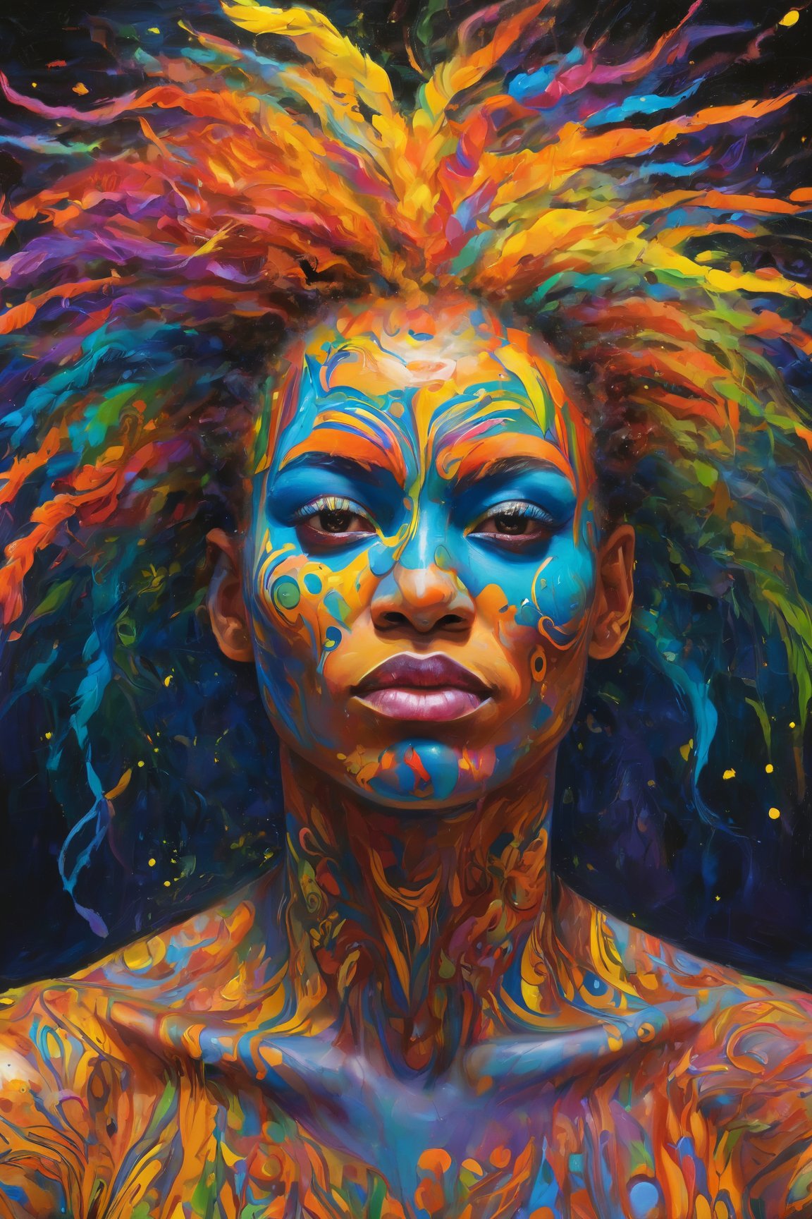 (best quality, 8K, highres, masterpiece), ultra-detailed, (super colorful, vibrant), in a mesmerizing and swirling composition, an ethereal madman with wild, multi-hued hair and an enigmatic, mischievous grin captivates viewers. The neon painting bursts with a kaleidoscope of vivid and contrasting shades that bring the character to life in a dazzling display of colors. Elongated limbs and vibrant, pointed facial features add an element of energetic expression and intrigue, while the artist's intricate and vibrant brushwork showcases a masterful skill and unwavering attention to detail. This high-quality image transports us into a world of awe-inspiring wonder, evoking a sense of curiosity and fascination