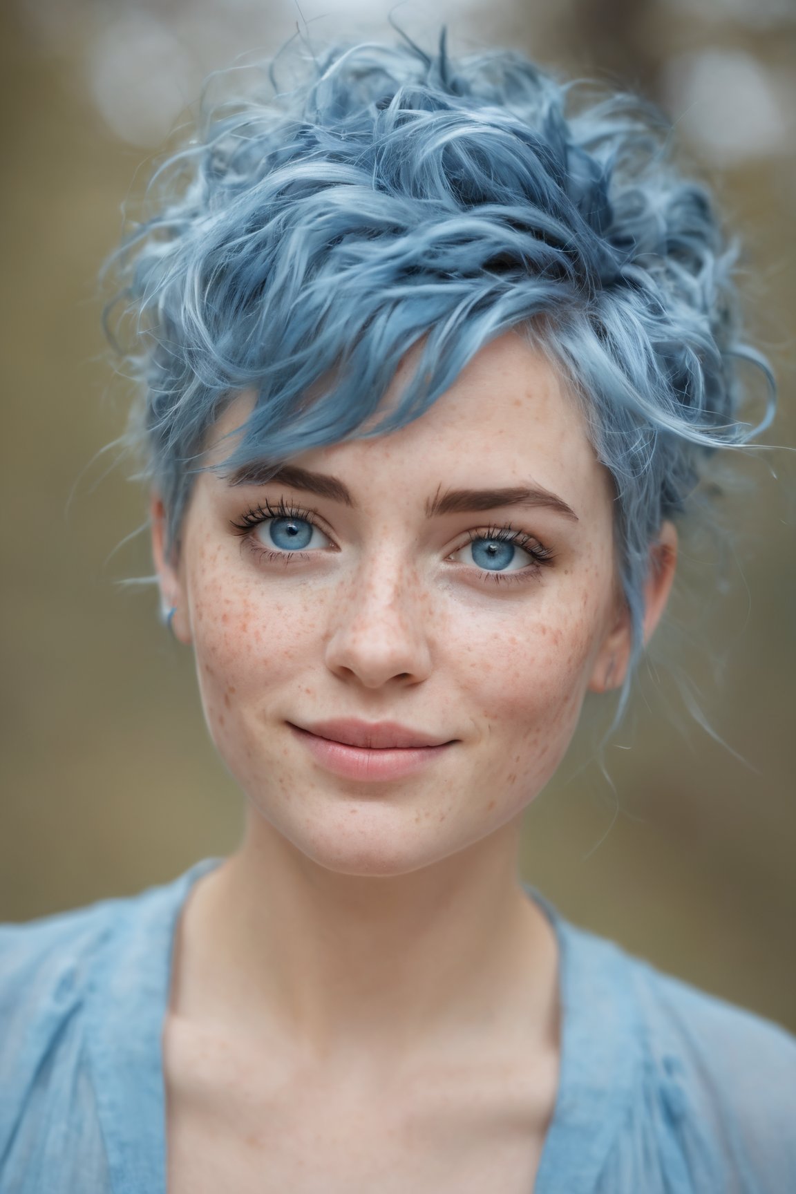 (best quality, 4k, 8k, highres, masterpiece:1.2), ultra-detailed, (realistic, photorealistic, photo-realistic:1.37), blue messy hair, light blue eyes, freckles, women, portrait, cinematic, bokeh, soft lighting, ethereal atmosphere, dreamy expressions, dynamic composition, textured background, vivid colors, subtle smile, graceful pose, professional, artistic, portrait photography