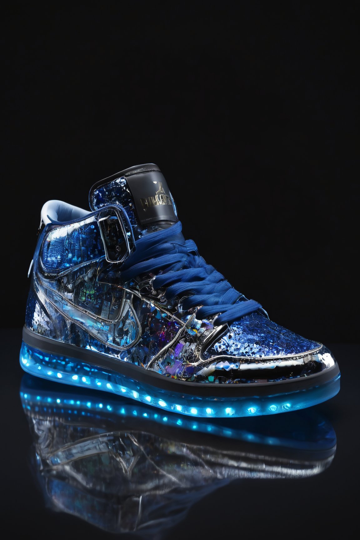 (best quality, 8K, highres, masterpiece), ultra-detailed, (still life) depiction of sneakers against a black background, creating a striking contrast. These shoes, with no human presence, are highlighted by an array of light particles that dance around them, illuminating their features and casting intricate reflections. The sneakers, characterized by their vibrant blue color, stand out dramatically, offering a captivating visual. The scene is crafted to emphasize the sleek design of the footwear, with the reflection adding depth and dimension, making the sneakers appear as if suspended in a moment of timeless elegance.