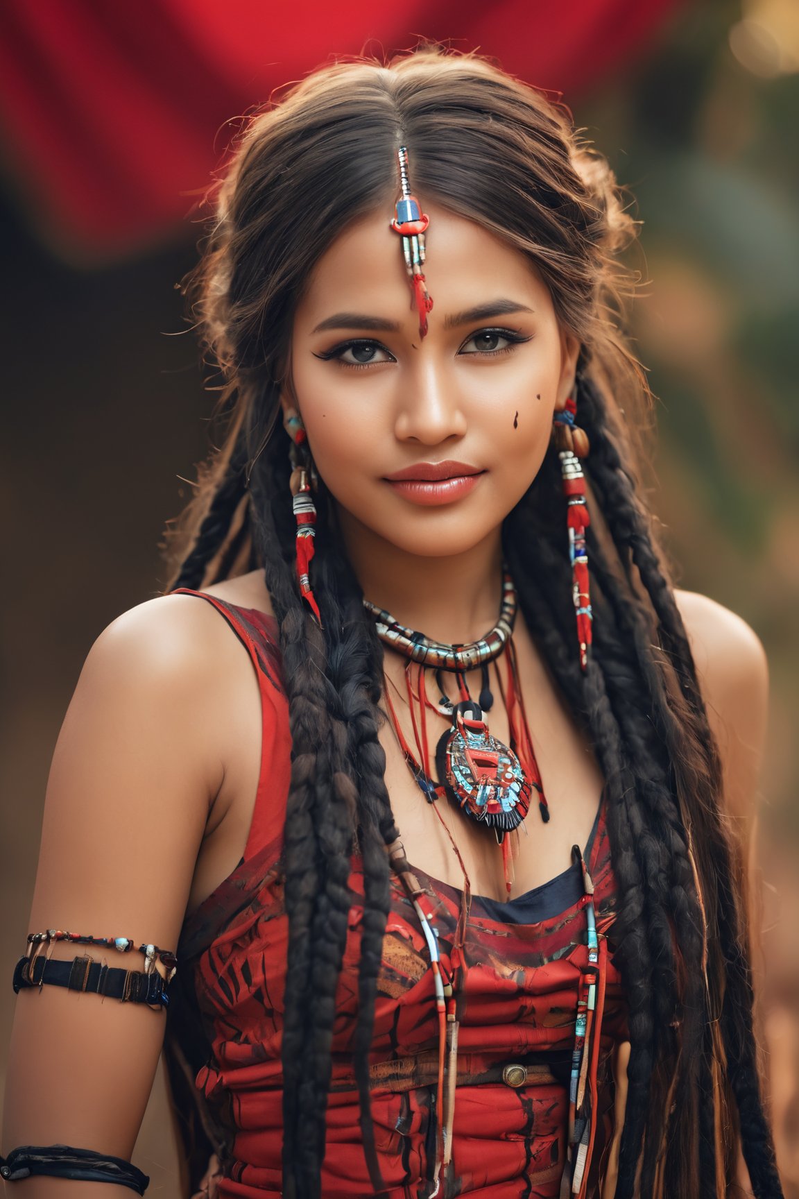 (best quality, 4k, highres, masterpiece:1.2), ultra-detailed, indigenous girl, red black harness, feathers in long dread hair, high heels boots, accessories on arm, beautiful detailed eyes, beautiful detailed lips, ethnic clothing, traditional patterns, graceful posture, subtle smile, vibrant colors, bokeh lighting, portraits