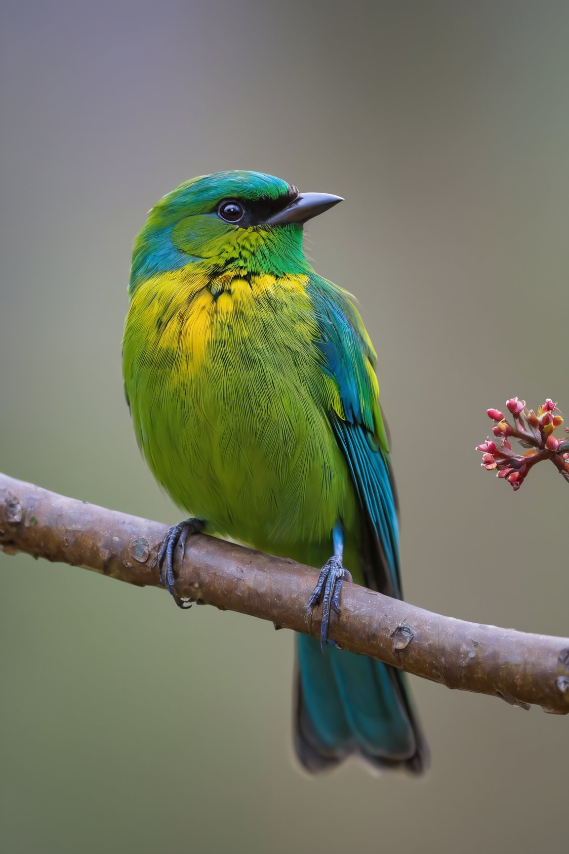 a colorful bird sitting on a tree branch, capturing the intricate details with macro photography, vibrant colors and the smallest of details, showcasing the beauty of nature, (best quality, 4K, highres, realistic:1.37) to ensure a masterpiece, capturing the bird's feather patterns in ultra-detailed precision, emphasizing the distinct hues and shades, highlighting the bird's unique characteristics, the luscious green of the tree branch contrasting with the rich, vibrant colors of the bird, creating a visually stunning image, with studio lighting to enhance the bird's features, capturing its beady eyes and delicate beak, the soft glow of natural sunlight illuminating the scene, creating a warm and welcoming atmosphere