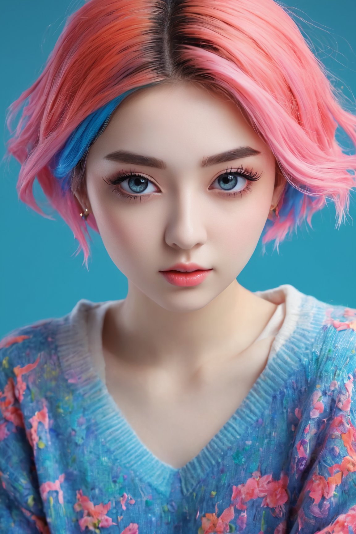 (best quality,realistic,anime:1.2),lip,beautiful detailed eyes,beautiful detailed lips,extremely detailed eyes and face,long eyelashes,strong expressions,soft touch,expressive poses,1girl,modern outfit,stylish clothes,neon hair,artistic brushstrokes,clean lines,vibrant colors,contrast,highlights,shadows,blue gradient background,texture,embroidered sweater,chic style,dynamic composition,interesting angle,textured crop,fashionable,cool vibes