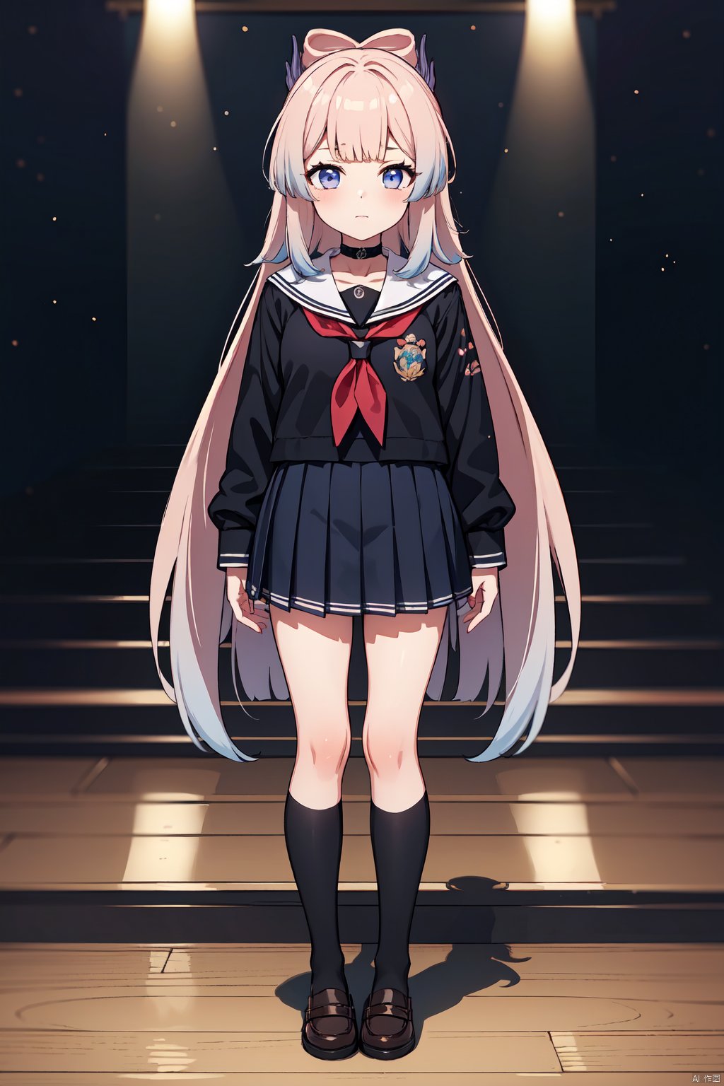 sangonomiya kokomi, 1girl, solo, school uniform, skirt, serafuku, black socks, choker, black skirt,  black choker, pleated skirt, closed mouth, sailor collar