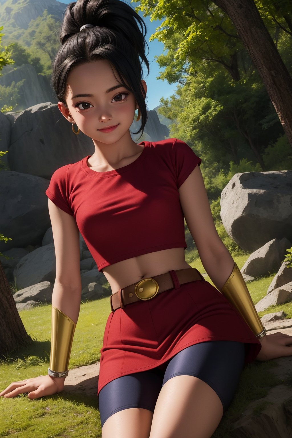 kale, 1girl, solo, black eyes, black hair, high ponytail, earrings, left sided bangs,red shirt, crop top, short sleeves, wristband, red skirt, bike shorts, vambraces, bracer, miniskirt, shorts under skirt, midriff, belt, bracelet,smile,closed mouth,cowboy shot,sitting,forest,outdoor,(insanely detailed, beautiful detailed face, masterpiece, best quality) cinematic lighting,<lora:DBS_Kale_v2:1>, <lora:more_details:0.3>,