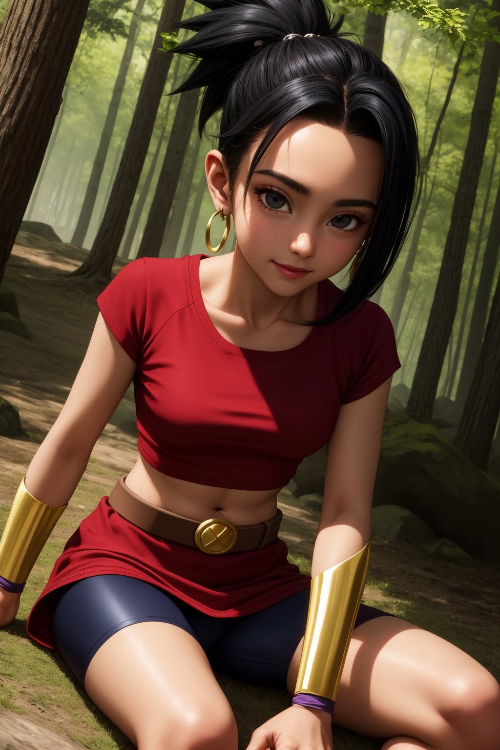 kale, 1girl, solo, black eyes, black hair, high ponytail, earrings, left sided bangs,red shirt, crop top, short sleeves, wristband, red skirt, bike shorts, vambraces, bracer, miniskirt, shorts under skirt, midriff, belt, bracelet,smile,closed mouth,cowboy shot,sitting,forest,outdoor,(insanely detailed, beautiful detailed face, masterpiece, best quality) cinematic lighting,<lora:DBS_Kale_v2:1>, <lora:more_details:0.3>,