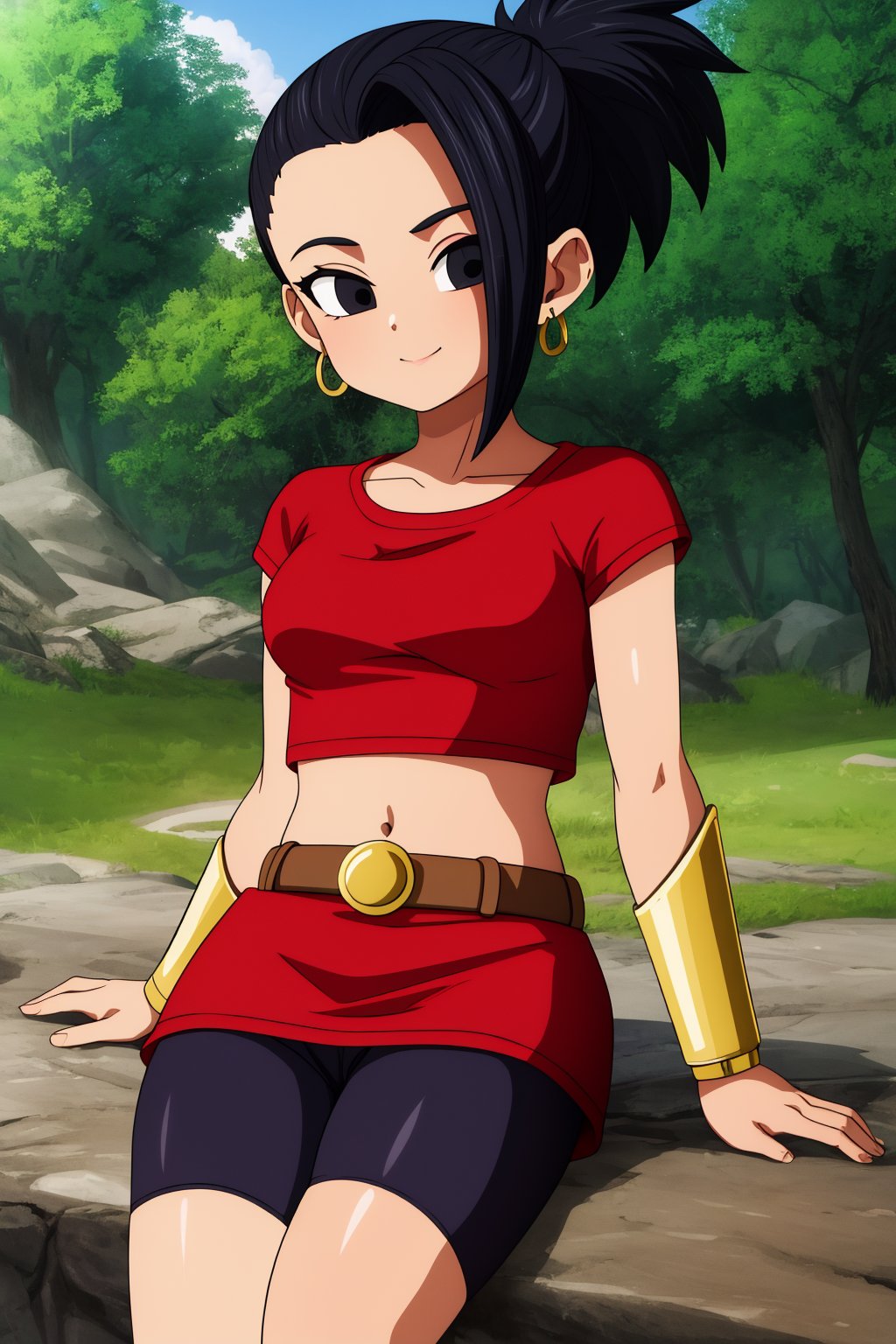 kale, 1girl, solo, black eyes, black hair, high ponytail, earrings, left sided bangs,red shirt, crop top, short sleeves, wristband, red skirt, bike shorts, vambraces, bracer, miniskirt, shorts under skirt, midriff, belt, bracelet,smile,closed mouth,cowboy shot,sitting,forest,outdoor,(insanely detailed, beautiful detailed face, masterpiece, best quality) cinematic lighting,<lora:DBS_Kale_v2:1>, <lora:more_details:0.3>,