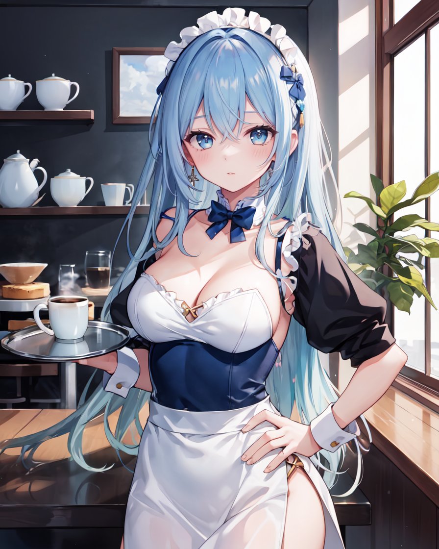 masterpiece,best quality,highres,ultra-detailed,solo,cowboy shot,1girl,medium_breasts,long hair,light blue hair,indoors,coffee shop,hand on hip,holding_tray,