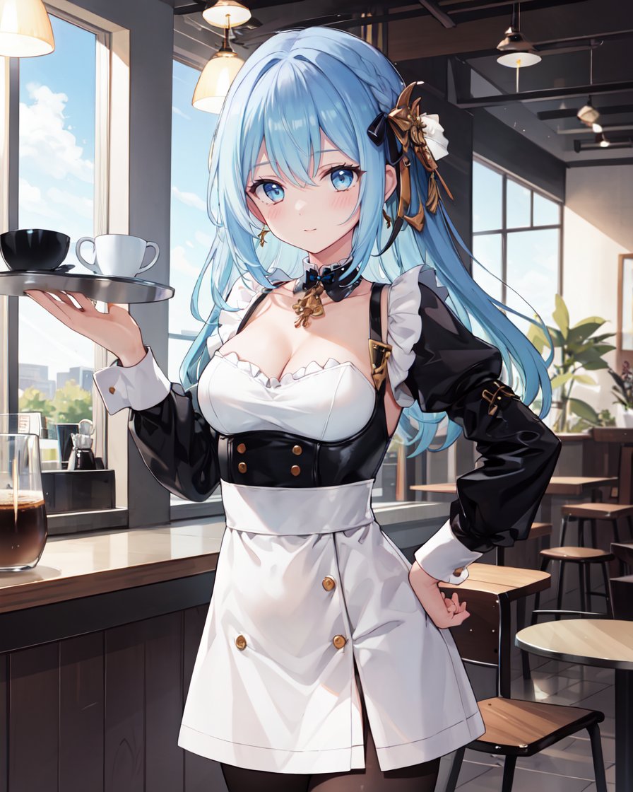 masterpiece,best quality,highres,ultra-detailed,solo,cowboy shot,1girl,medium_breasts,long hair,light blue hair,indoors,coffee shop,hand on hip,holding_tray,