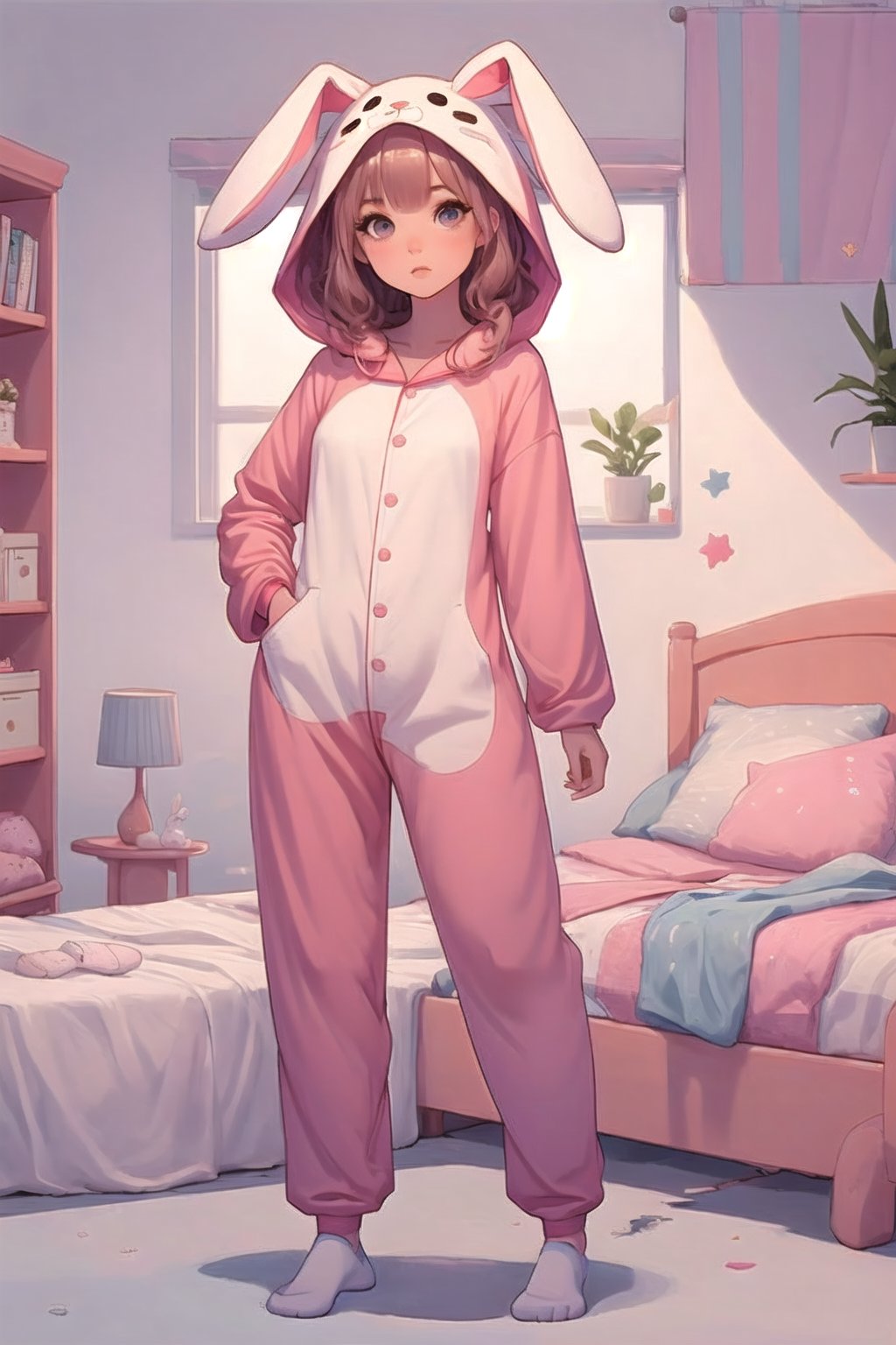BnnBnn, 1girl, solo, full body, bunny onesie pajamas