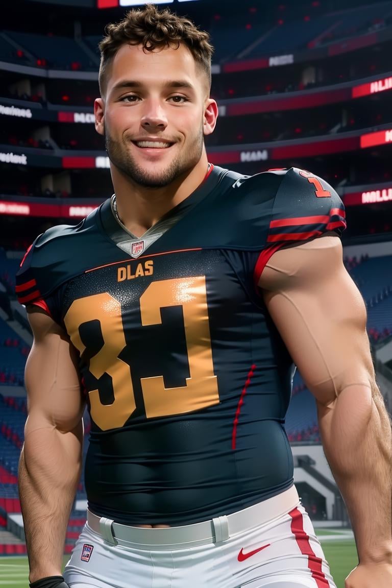 (masterpiece,  best quality:1.2),  man,  football jersey,  football pants,  football player,  (((medium shot))) , stadium, smiling,  night,  masterpiece,  highness,  perfect face,  perfect picture,  detailed eyes,  sharp focus,  muscular, High detailed view, Fantasy,<lora:EMS-3262-EMS:0.700000>,<lora:EMS-301951-EMS:1.000000>