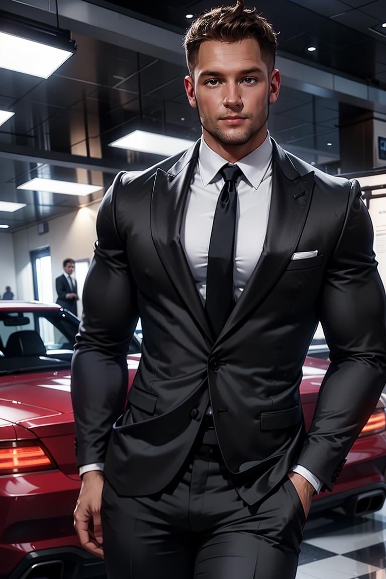 photo of person,  man,  smirk,  (muscular:1.1),  parking lot,  dress shirt,  pants,  suit,  work clothes,  looking to viewer,  cinematic lighting,  detailed face,  detailed eyes,  masterpiece,  high_res,  perfect face,<lora:EMS-301951-EMS:1.000000>