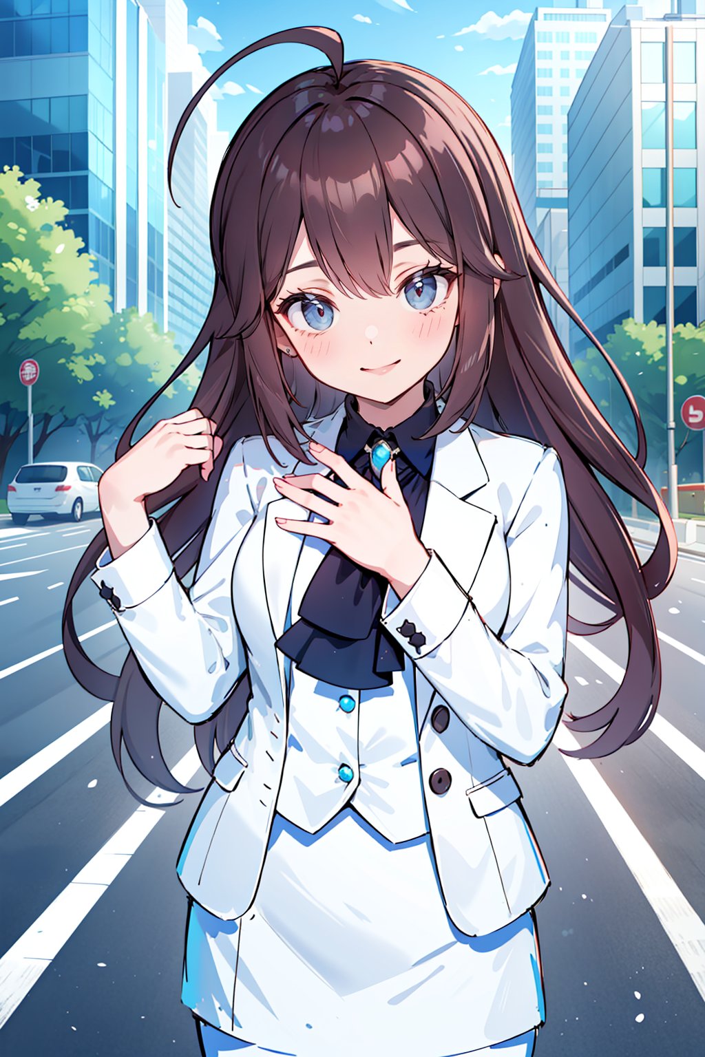 solo,  girl,  top quality,  best quality,  long hair,  black hair,  brown hair,  bangs,  swept bangs,  ahoge,  blush,  smile,  white suit,  blus shirt,  blet,  white narrow skirt,  black pantyhose,  close up,  ascot,  Jewelry,  raye,  standing,  street,  road,  Skyscraper,  building, hands,<lora:EMS-272627-EMS:0.400000>,<lora:EMS-302225-EMS:0.600000>,<lora:EMS-84824-EMS:-0.300000>