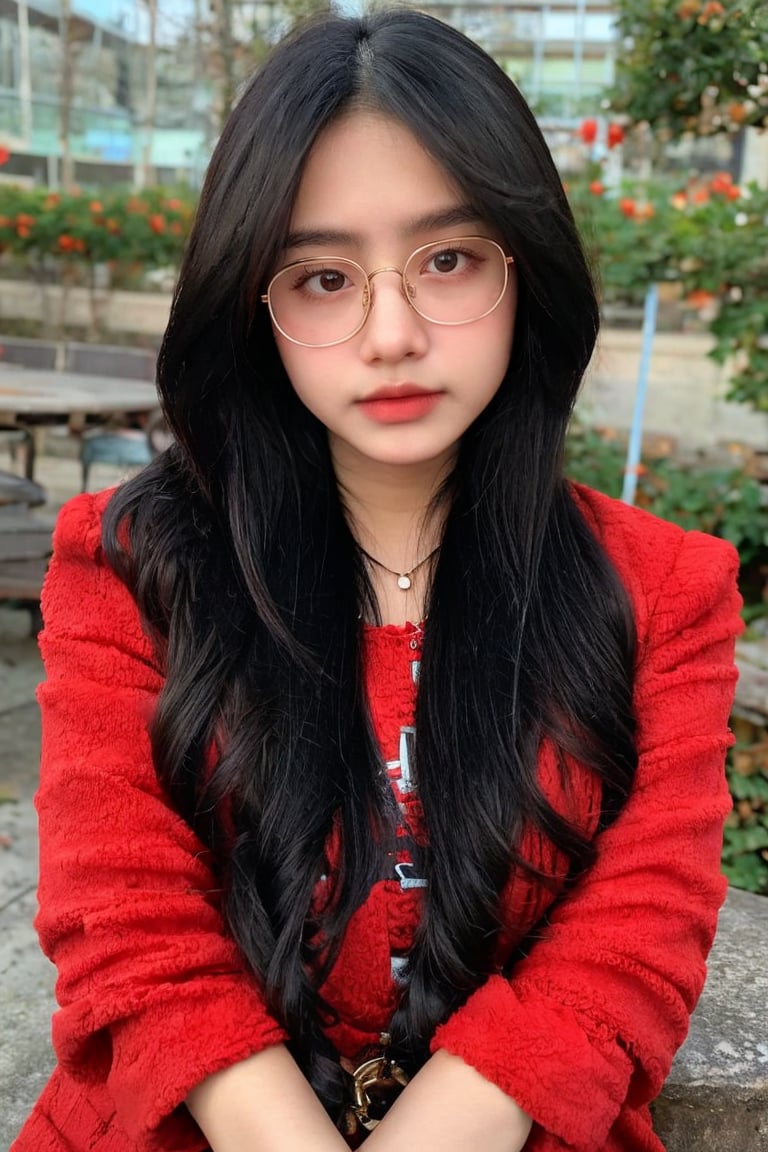 1girl,  solo,  long hair,  looking at viewer,  black hair,  jewelry,  sitting,  closed mouth,  jacket,  outdoors,  glasses,  pants,  blurry,  bracelet,  lips,  coat,  head tilt,  blurry background,  red jacket,  realistic,  round eyewear,  photo background, flash,<lora:EMS-302258-EMS:0.800000>