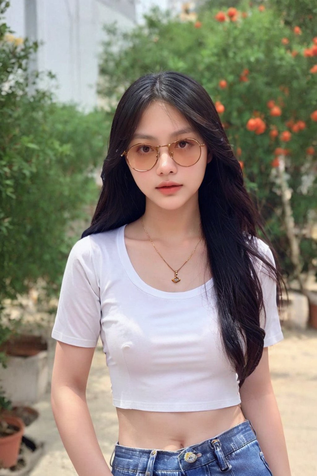 1girl,  solo,  long hair,  looking at viewer,  shirt,  black hair,  jewelry,  standing,  white shirt,  short sleeves,  cowboy shot,  outdoors,  sky,  day,  pants,  necklace,  sunglasses,  denim,  hands on hips,  jeans,  realistic,  print shirt,  photo background,<lora:EMS-302258-EMS:0.800000>