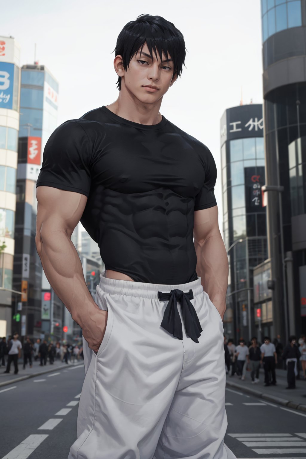 masterpiece, best quality, 1boy, t0uj1, black hair, black shirt, short hair, black eyes, white baggy pants, bangs, muscular male, outdoors, shibuya, skin tight, ,best quality