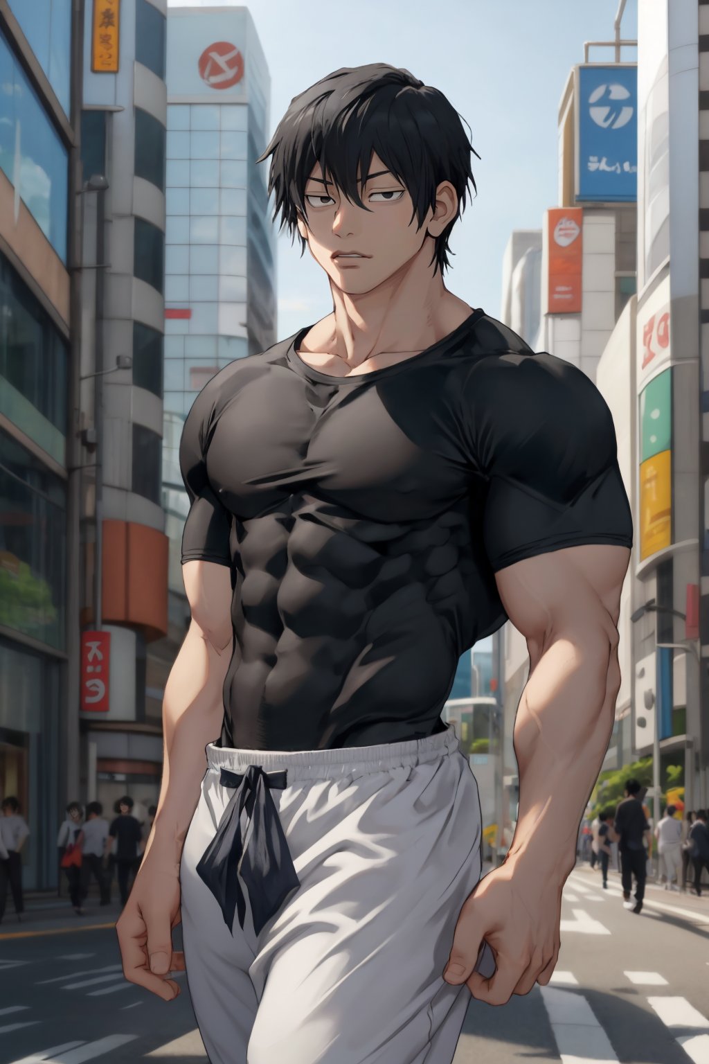 masterpiece, best quality, 1boy, t0uj1, black hair, black shirt, short hair, black eyes, white baggy pants, bangs, muscular male, outdoors, shibuya, skin tight, ,best quality