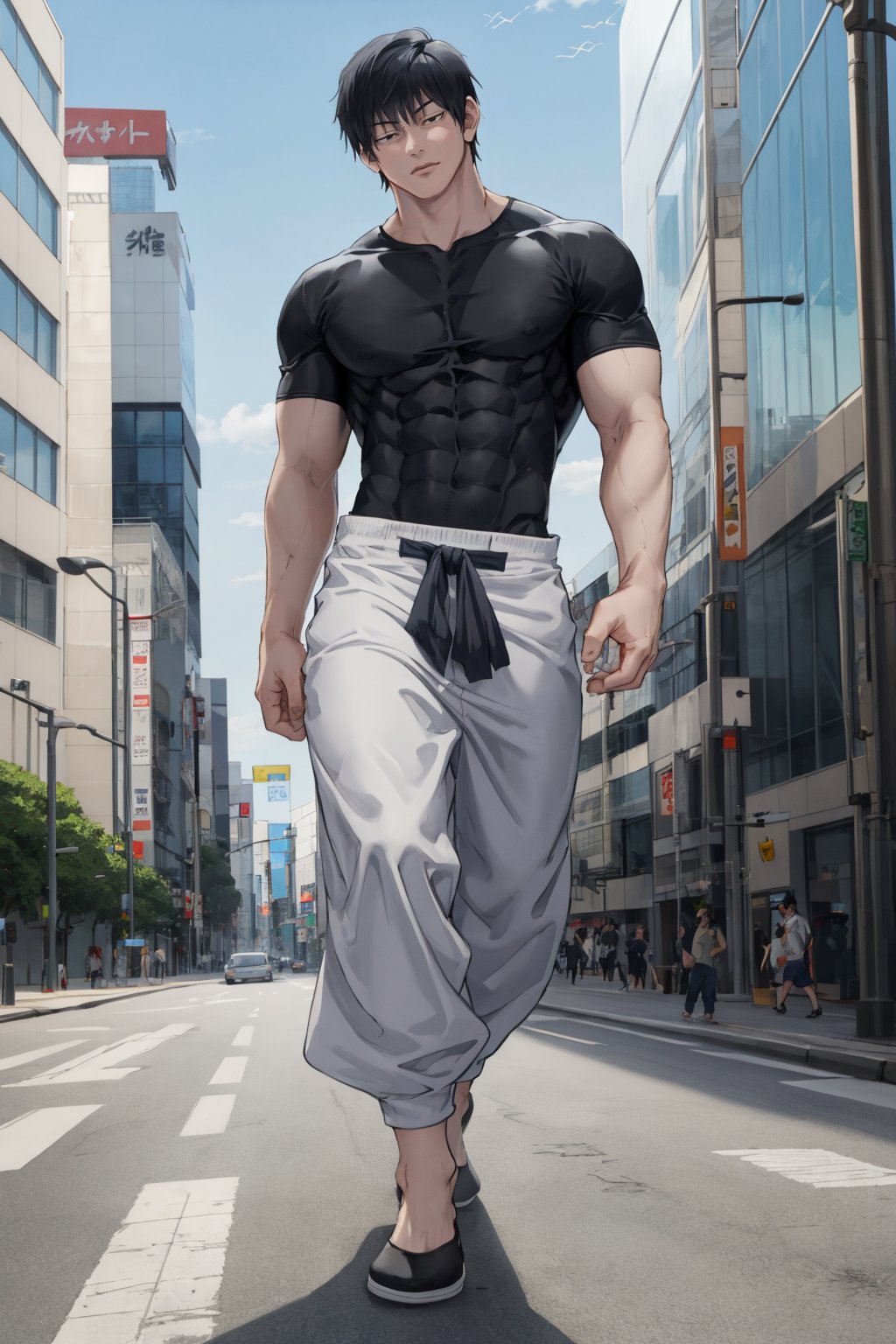 masterpiece, best quality, 1boy, t0uj1, black hair, black shirt, short hair, black eyes, white baggy pants, bangs, muscular male, outdoors, shibuya, skin tight, 