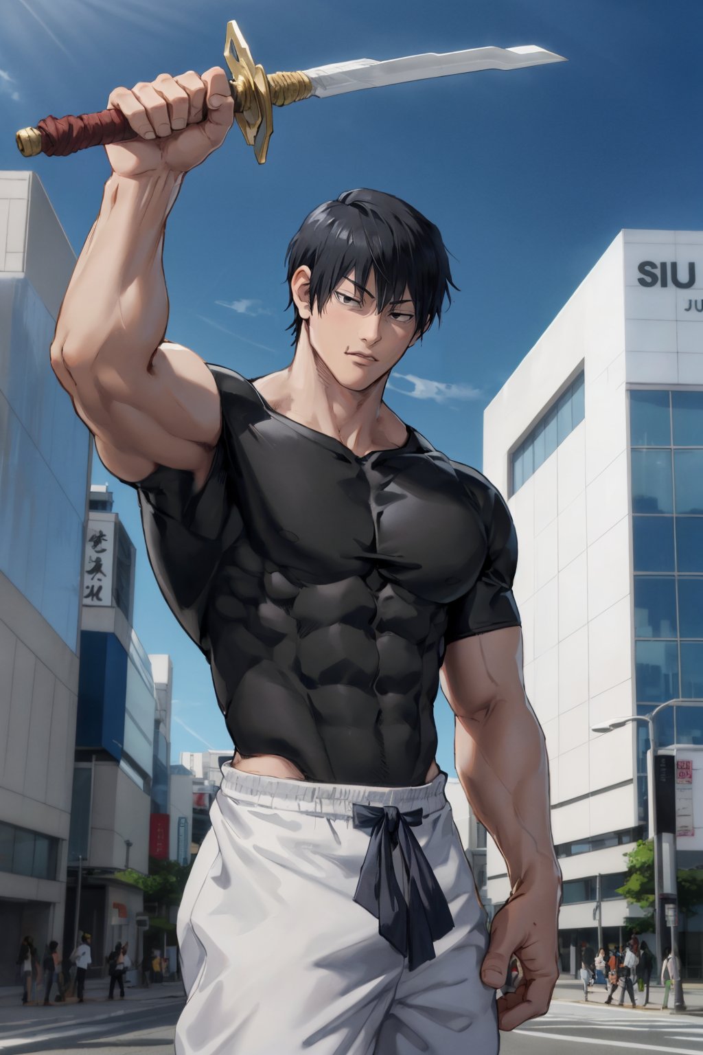 masterpiece, best quality, 1boy, t0uj1, black hair, black shirt, short hair, black eyes, white baggy pants, bangs, muscular male, huge nuscles, outdoors, shibuya, skin tight, sword over shoulder. 