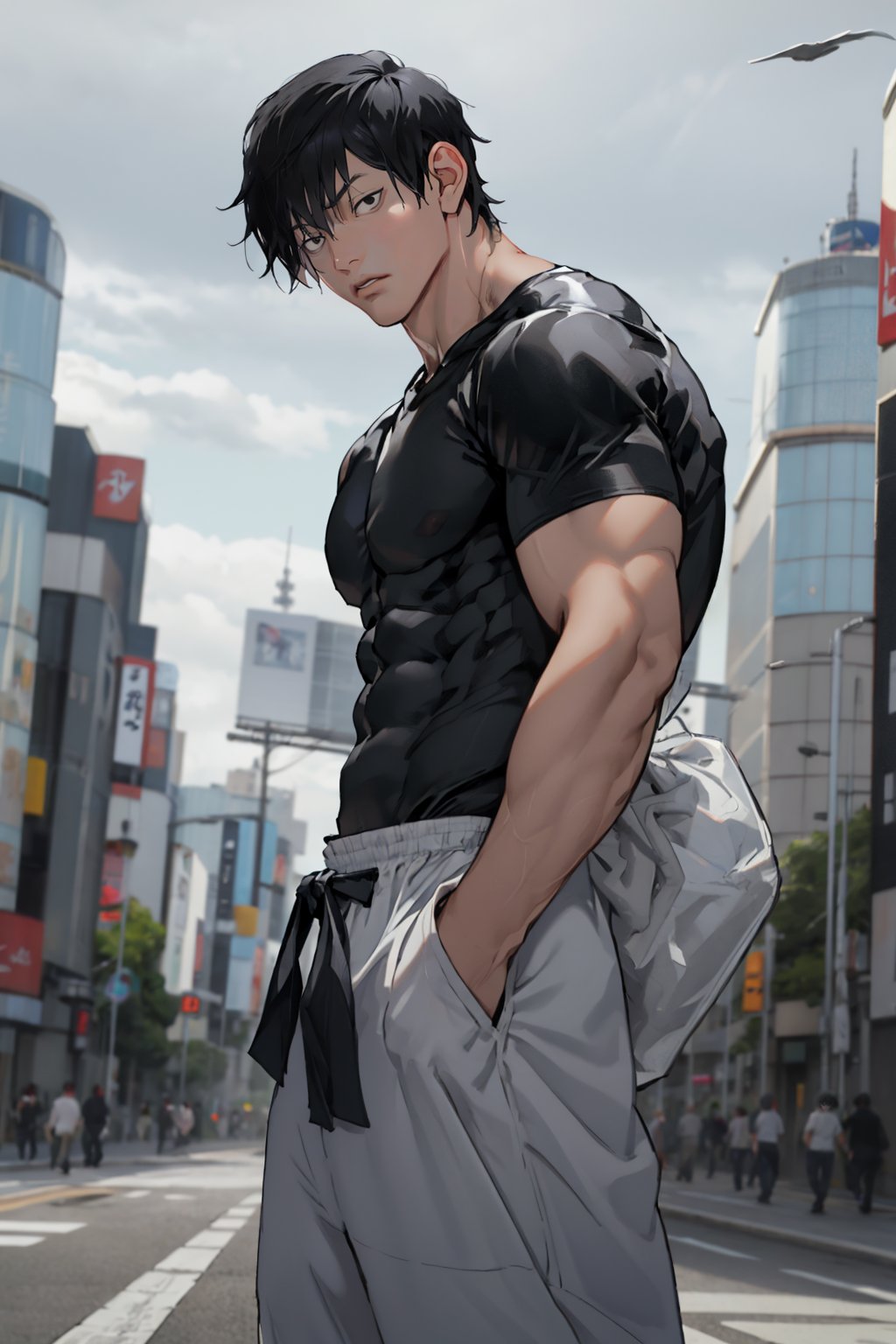 masterpiece, best quality, 1boy, t0uj1, black hair, black shirt, short hair, black eyes, white baggy pants, bangs, muscular male, outdoors, shibuya, skin tight, 